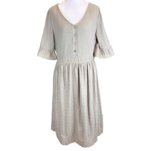 Lady Magnolia Boho Midi Cotton Dress L Taupe Embroidered Cottagecore Prairie NEW